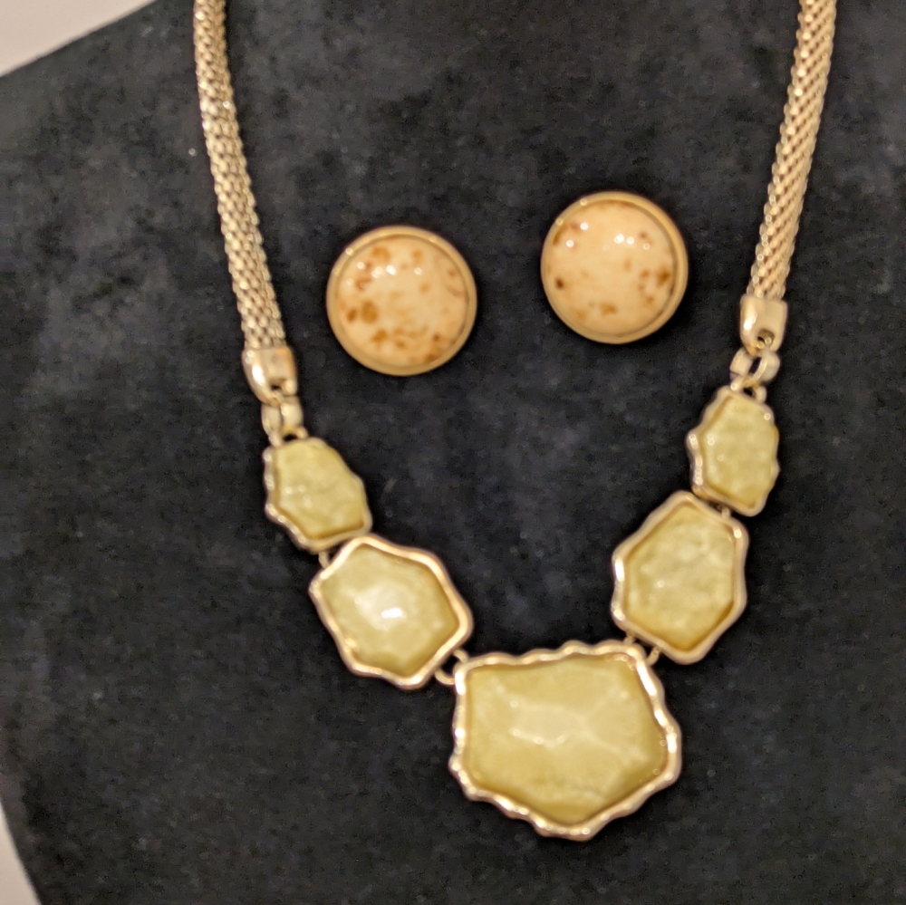 Yellow Necklace And Vintage Celluloid Bubble Tortoise Cream Earrings Jewelry Set